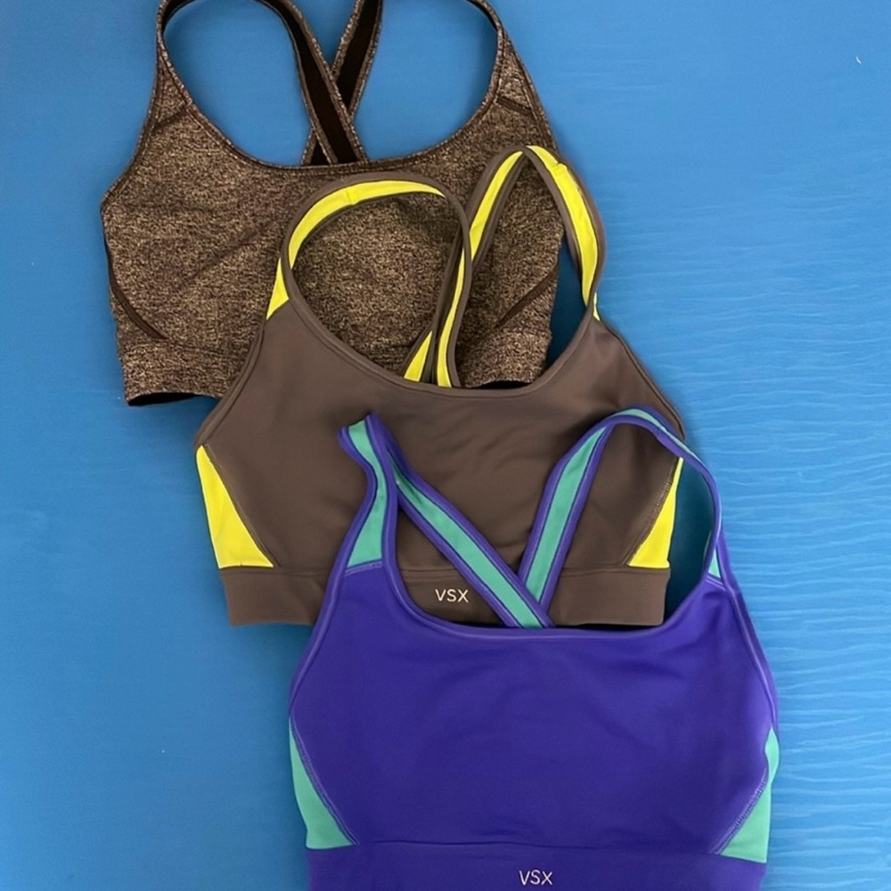 3 VSX Sports Bras - Gray, Neon Yellow, Purple Blue
